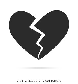 Black broken heart shape vector icon. Simple love symbol isolated on white background with shadow. Flat style for graphic and web design, logo. 
