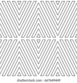 Black broken lines contours on white background. Seamless surface pattern design with linear ornament. Curves wallpaper. Angle brackets motif. Digital paper with chevrons. Striped vector illustration.