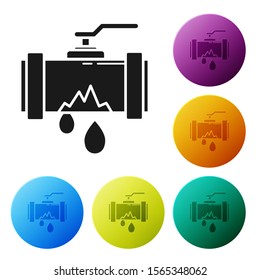 Black Broken metal pipe with leaking water icon isolated on white background. Set icons colorful circle buttons. Vector Illustration