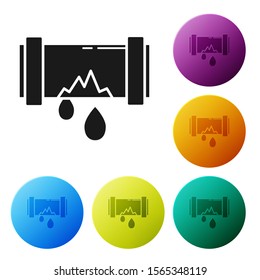 Black Broken metal pipe with leaking water icon isolated on white background. Set icons colorful circle buttons. Vector Illustration