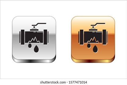 Black Broken metal pipe with leaking water icon isolated on white background. Silver-gold square button. Vector Illustration