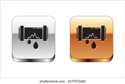 Black Broken metal pipe with leaking water icon isolated on white background. Silver-gold square button. Vector Illustration
