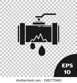 Black Broken metal pipe with leaking water icon isolated on transparent background.  Vector Illustration