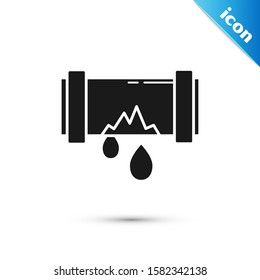 Black Broken metal pipe with leaking water icon isolated on white background.  Vector Illustration
