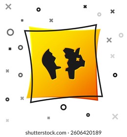 Black Broken piggy bank icon isolated on white background. Icon saving or accumulation of money, investment. Yellow square button. Vector