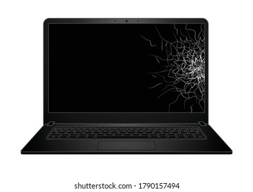 Black Broken Screen Display Laptop Computer Isolated on White Background