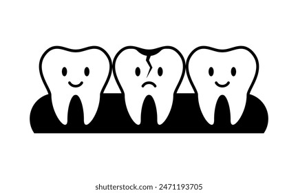 Caries de dientes rotos negros en encías caricatura dental icono de personaje de diseño de Vector plano
