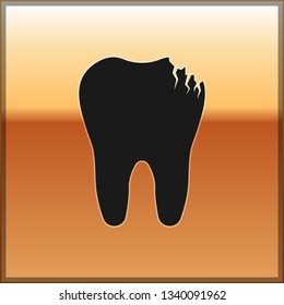 Black Broken tooth icon isolated on gold background. Dental problem icon. Dental care symbol. Vector Illustration
