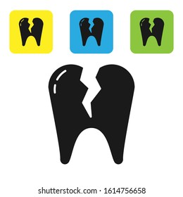 Black Broken tooth icon isolated on white background. Dental problem icon. Dental care symbol. Set icons colorful square buttons. Vector Illustration