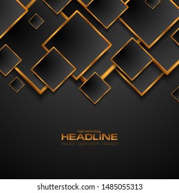 Black and bronze squares abstract geometric graphic design. Golden tech background. Vector illustration