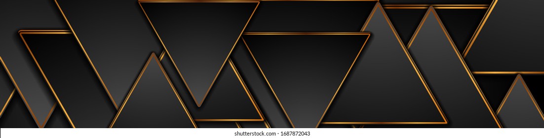 Black and bronze triangles abstract tech banner design. Geometric vector background