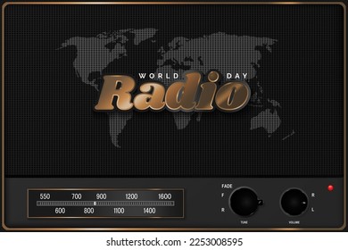 Black and Bronze World Radio Day Banner with Big Radio Speaker, Tuner, and Dials. Vector Illustration. EPS 10