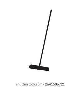 A black broom is depicted, ideal for cleaning floors and sweeping up dust and debris in a house setting