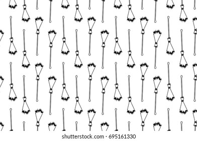 Black broom on white background - vector pattern, Halloween witches broomstick - vector pattern, witches broom pattern