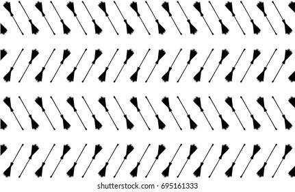 Black broom on white background - vector pattern, Halloween witches broomstick - vector pattern, witches broom pattern