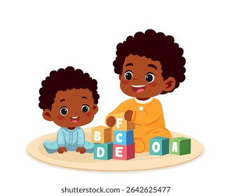 Irmãos negros brincando com tijolos - Ilustração de vetor de desenhos animados