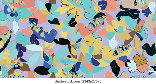 Black browed albatross seamless pattern on floral background. Vector EPS10 Illustration. Design for banner, poster, card, invitation and scrapbook. 