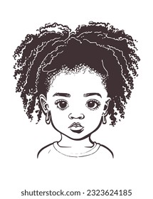 Black Brown African American Afro little small girl outline face portrait.Puff ponytail on her head.Vector baby silhouette drawing,curly wavy hair.Afro child hairstyles.Curls.T shirt print.DIY cricut