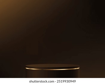 Vetor de fundo preto e marrom 3d com pódio de ouro. 3D Circular Brown Podium com Banda de Ouro Contra Fundo Escuro. Espaço para a venda de produtos no site. Ilustração vetorial.