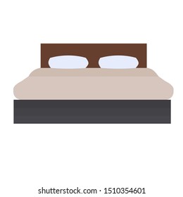 Black and brown bad, cream mattress, cream blanket and white pillows. Flat design icon vector illustration.