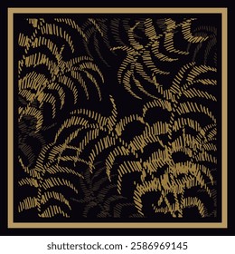 Black and brown bandana with striped palm branch. Vector design for neck scarf, neckerchief, carpet, kerchief, bandana, shawl. Tropical floral pattern with frame.