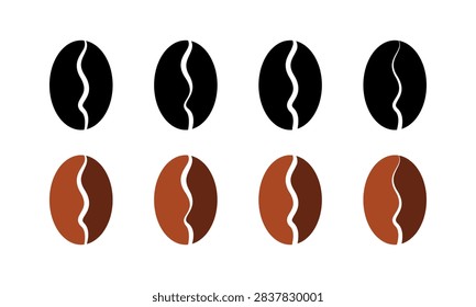 Black and Brown Coffee Bean Vector Icon Set with Vertical Alignment and Wavy Center Grooves Across Two-Tone Variations