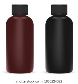 Black and brown cosmetic bottle. Plastic shampoo container mockup. Vector package for beauty product like shaving cream or liquid soap. Hair care liquid gel flask, siple object without label and logo