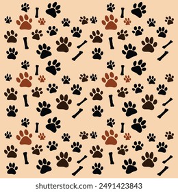 Black and brown dog paw print with dog bone seamless pattern on a cream background