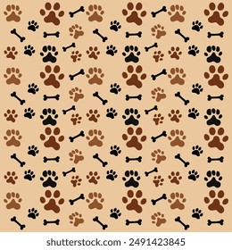 Black and brown dog paw print with dog bone seamless pattern on a cream background