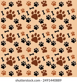 Black and brown dog paw print with dog bone seamless pattern on a cream background. Vector illustration