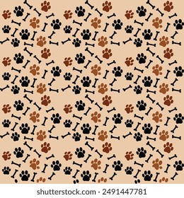 Black and brown dog paw print with dog bone seamless pattern isolated on a cream background vector illustration