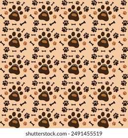 Black and brown dog paw print with dog bone seamless pattern isolated on a cream background. Vector illustration