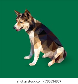 Black brown dog sitting isolated on green background, furry canine pet low polygon, pooch animal crystal design illustration, modern geometric hound graphic.