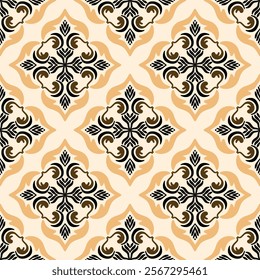 Black and brown floral on beige background classic traditional damask design, seamless pattern, vector illustration, ethnic ornament, motifs pattern. Design for fabric ends and clothing.