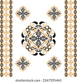 Black and brown floral on beige background classic traditional damask design, seamless pattern, vector illustration, ethnic ornament, motifs pattern. Design for fabric ends and clothing.