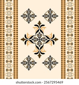 Black and brown floral on beige background classic traditional damask design, seamless pattern, vector illustration, ethnic ornament, motifs pattern. Design for fabric ends and clothing.