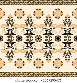 Black and brown floral on beige background classic traditional damask design, seamless pattern, vector illustration, ethnic ornament, motifs pattern. Design for fabric ends and clothing.