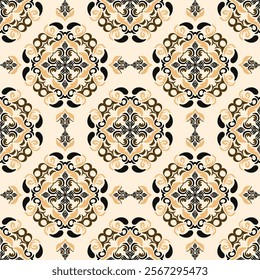 Black and brown floral on beige background classic traditional damask design, seamless pattern, vector illustration, ethnic ornament, motifs pattern. Design for fabric ends and clothing.