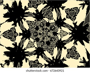 black brown floral ornaments on light yellow background, flat color retro style vector