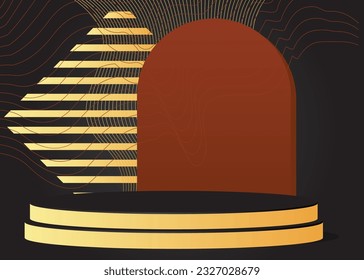 Black, brown and gold mockup product display. abstract cylinder pedestal podium. Vector 3D stage showcase. Scene with minimal geometric forms for presentation.