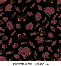 Black, brown and gray. Vector fancy love shape seamless pattern background. Valentines Day.
