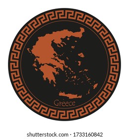 Black and brown Greece map on a round shield with ancient meander border pattern vector