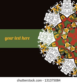 Black Brown Green Vector ornate frame with sample text. Perfect as invitation or announcement. Background pattern is included as seamless. All pieces are separate. Easy to change colors and edit.