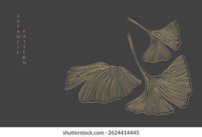Black and brown hand drawn line with Japanese ginkgo leaves pattern in vintage style. Abstract art natural banner design vector.