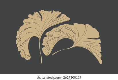 Black and brown hand drawn line with Japanese ginkgo leaves pattern in vintage style. Abstract art natural banner design vector.