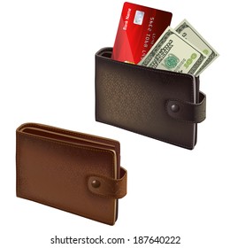 Black and brown leather wallets with credit card and bank notes isolated vector illustration