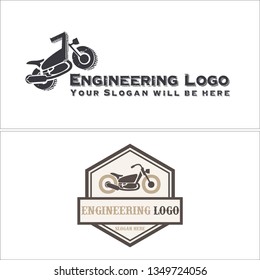 Black brown line art classic motorbike hexagon rectangle badge combination mark logo design vector suitable for mechanical engineering custom bike building shop