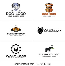 Black brown line art illustration vector dog butterfly wolf elephant logo design suitable for animal wildlife pet shop zoo