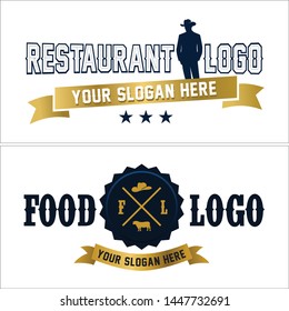 Black brown line art logo design silhouette man star and ribbon suitable for food restaurant shop business