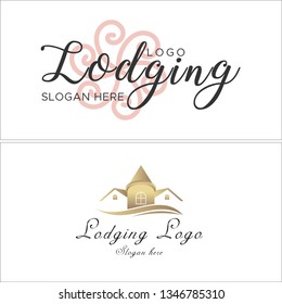 Black brown pink line art flower castle  bright combination mark logo design vector concept suitable for lodging spa message resort